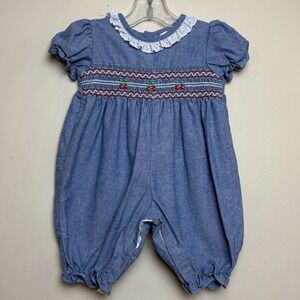 Vtg Tiny Tots Original 90's Denim Smocked Embroidered Cherries Romper 3-6 Months